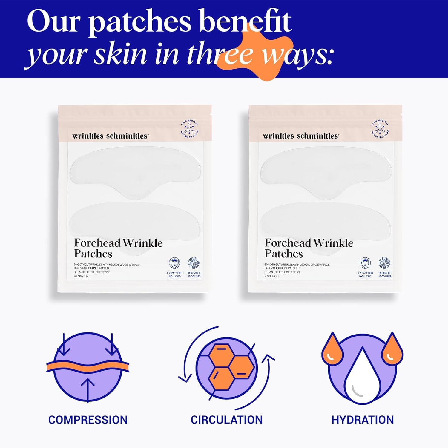 Wrinkles Schminkles Forehead Wrinkle Patches, 4-Pack, Reusable Hypoallergenic Silicone Smoothing Pads for Reducing Frown Lines & Face Lift Overnight